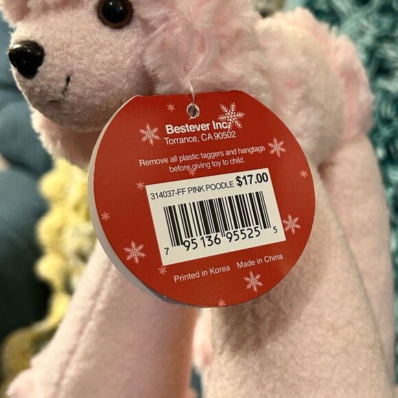 Plush Pink Poodle Stuffed Animal Toy Dog 11” Black Bow w Tag Bestever Funny Feet - Picture 11 of 11
